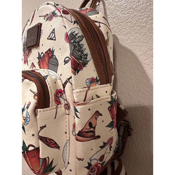 NWOT Loungefly Harry Potter Tattoo Art Hogwarts Cream Brown Color Mini Backpack - Picture 6 of 8